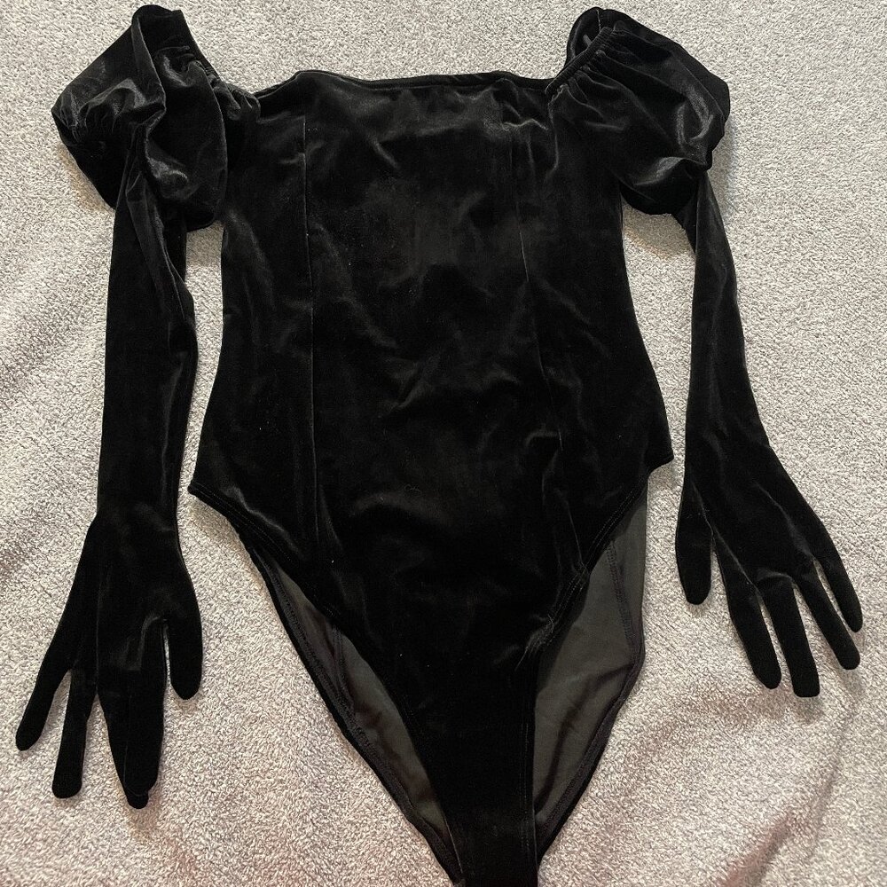 Wolf & Whistle Playful Promises Black Velvet Bodysuit with Gloves Size 8